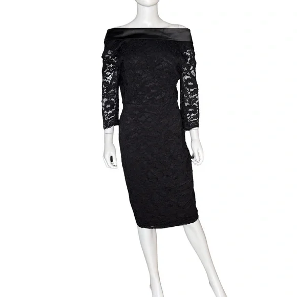 Adrianna Papell Women's Roll Neck Lace Dress With Sheer Elbow Sleeves Black NWT - Picture 2 of 8